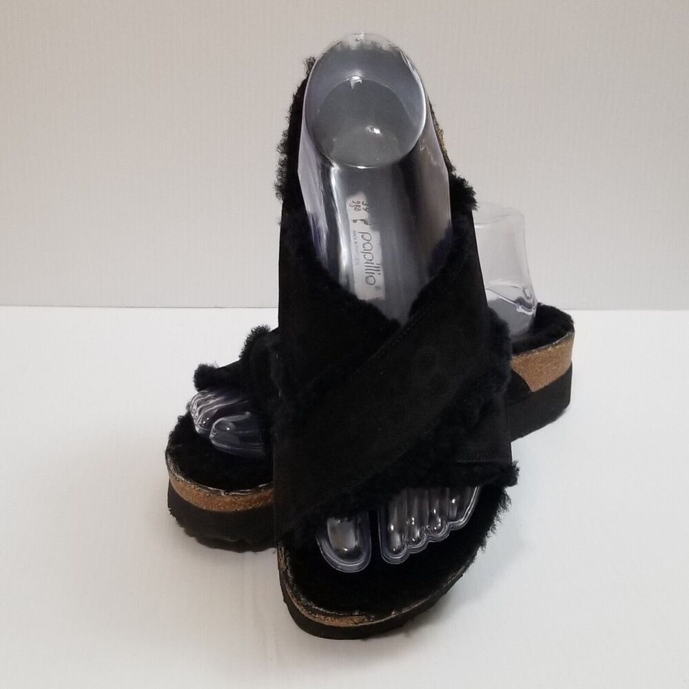 Papillio by Birkenstock Daytona Shearling Sandal Black Fuzzy Slide Sz EU 39 US 8 - Picture 3 of 13